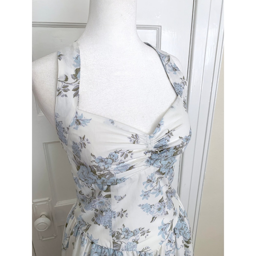 Floral Halter Sun Dress XS Coquette Blue White Sweetheart V-Waist Cottagecore - Picture 3 of 16